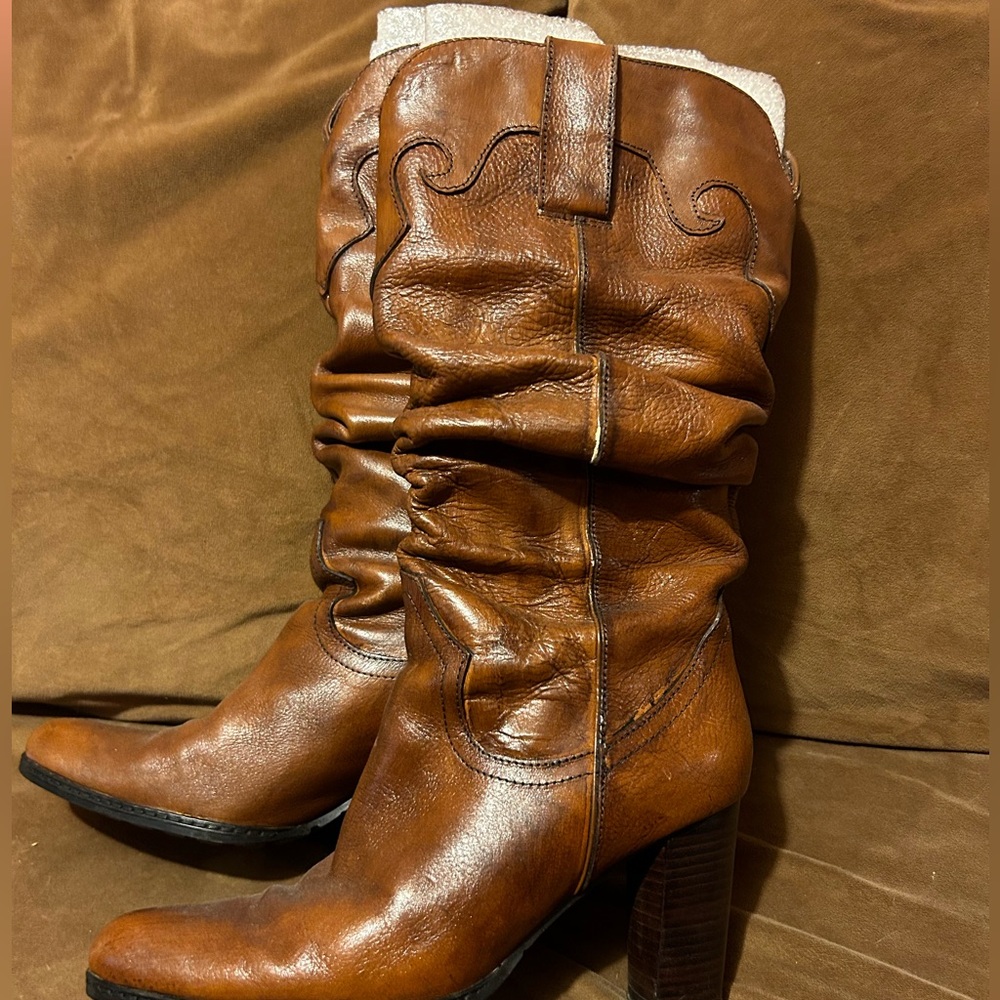 leather bootleg cognac boots stacked heel, size 6